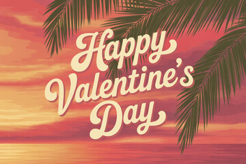 Obraz premium Tropical Valentine's Day illustration with palm trees and a romantic sunset, perfect for sending warm, loving wishes to your sweetheart this February