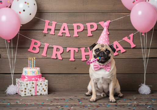 Pug celebrates a birthday with cake, balloons, and party decorations