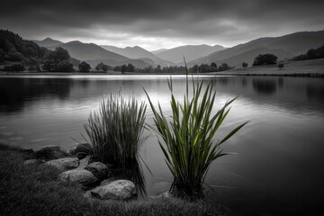 Tranquil lake scene with vibrant green reeds, moody mountains, and cloudy sky.