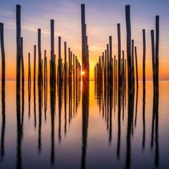 Ethereal wooden pillars mirroring sunset hues in tranquil water reflections