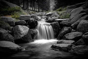 Long exposure waterfall over dark, wet rocks in a serene forest setting.