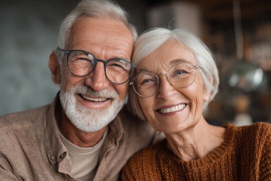 Joyful senior couple sharing a moment together in a cozy setting while smiling and enjoying each other's company - Powered by Adobe