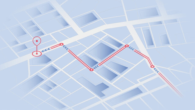 Isometric blue city map with red navigation path and destination marker. Vector illustration.