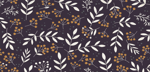 Elegant Botanical Pattern in Dark Purple with White Leaves and Orange Berries - Nature's Charm