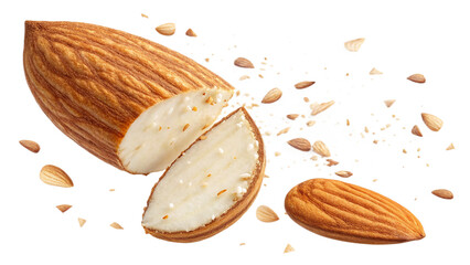 Falling almond slice isolated on transparent or white background