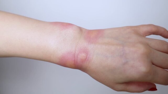 Close-up of a swollen wrist with visible redness, inflammation, and skin irritation caused by an insect bite or allergic reaction. The hand shows signs of rash, itching, and local pain, typical of mos
