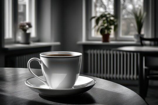 A cozy white coffee cup on a dark table, gently illuminated by window light.