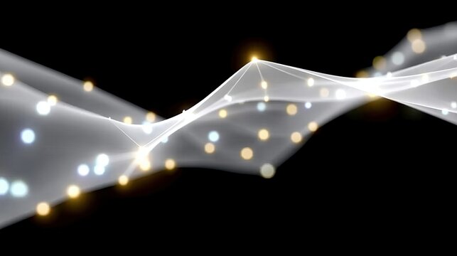 A flowing, translucent white wave-like structure with interconnected nodes and glowing yellow and blue dots against a solid black background. The lighting is so - Powered by Adobe