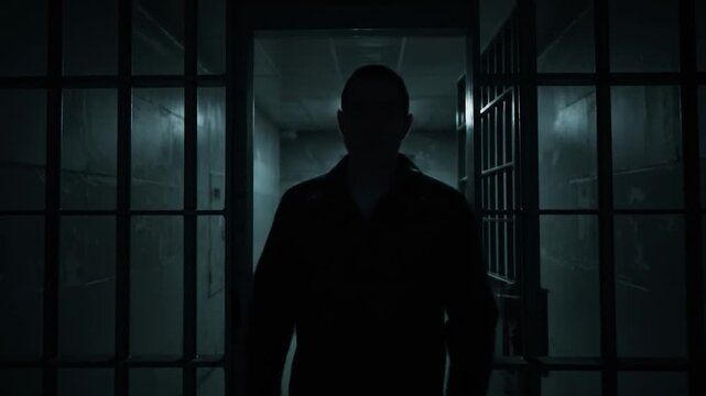 A shadowy figure walks through an open cell door in a dimly lit prison corridor