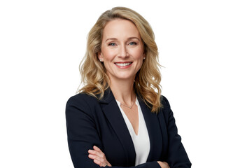 Smiling blonde woman in business suit isolated on transparent background