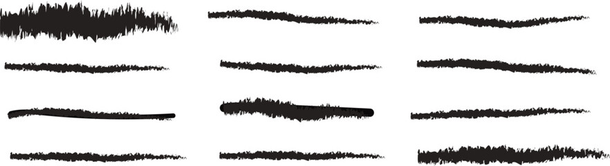 Collection of twelve black grunge brush stroke elements isolated on transparent background