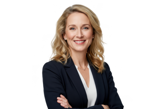 Smiling blonde woman in business suit isolated on transparent background