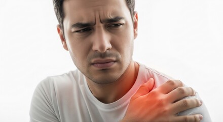 Man experiencing acute shoulder pain, holding his arm with a red highlight for injury location.