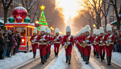 Marching band in red uniforms performing during festive winter parade  