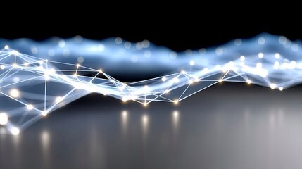An abstract digital network of interconnected glowing white dots and lines on a dark, reflective surface, with soft blue bokeh lights in the background.