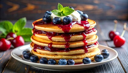 Stack of golden pancakes adorned with blueberries, cream, berry sauce, and mint on a white plate and wood