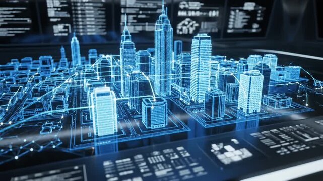 3d city model digital architecture futuristic urban design holographic display smart city concept technology interface glowing blue skyscraper data visualization virtual reality cityscape advanced - Powered by Adobe