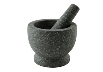 A heavy dark gray granite mortar and pestle with a rough texture, isolated on a transparent background with copy space. Concept for kitchenware advertising