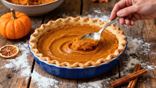 Homemade Spiced Pumpkin Pie, Filling a Crust with Autumnal Ingredients
hand smoothly distributing the creamy, spiced pumpkin filling into a pastry-lined pie dish