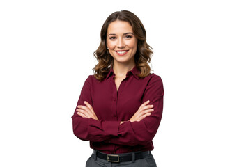 Smiling woman in burgundy shirt arms crossed isolated on transparent background