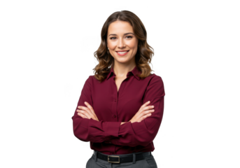 Smiling woman in burgundy shirt arms crossed isolated on transparent background