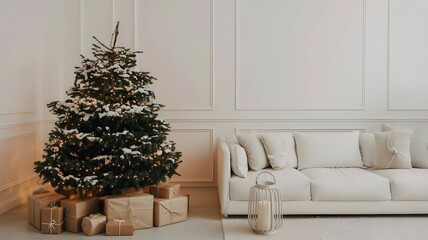 A festive christmas tree with gifts and a white sofa in a bright, minimalist living room interior