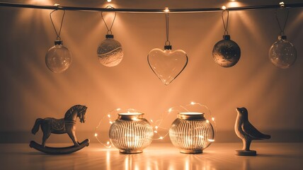Warm and festive holiday decoration setup with glowing string lights, ornaments, and figurines creating a cozy atmosphere