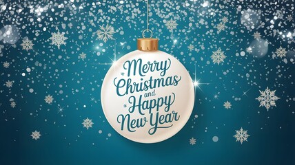 Merry christmas and happy new year ornament with falling snow and snowflakes on a blue festive background