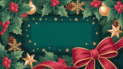 Festive christmas frame with holly, berries, pinecones, ornaments, and a red ribbon, perfect for holiday greetings