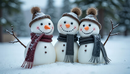 Three cheerful snowmen wearing hats and scarves in snowy landscape  