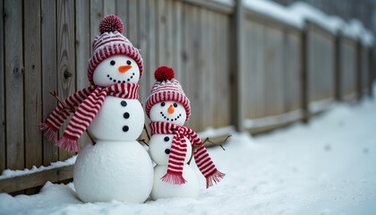 Two snowmen wearing red hats and scarves in snowy winter landscape  