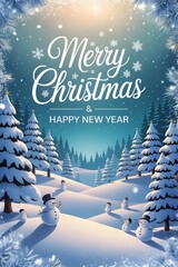 Merry christmas and happy new year greeting card with snowcovered trees and cute snowmen in a winter wonderland landscape