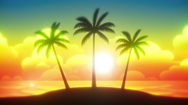 Vibrant 2D cartoon background loop. Three palm trees on a tropical island silhouette against a bright orange and yellow sunset. Ideal for travel, vacation, holiday, kids, and fun video projects.