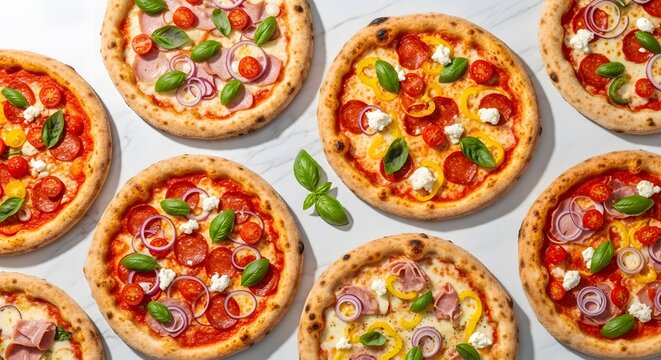 A vibrant display of assorted pizzas with various delicious toppings, showcasing culinary variety and fresh ingredients, perfect for a feast