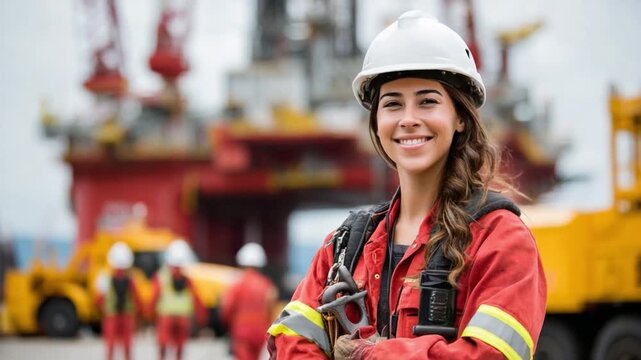 Smiling Engineer in the Industrial Setting: Confident engineer, in her protective gear, beams with pride and competence against the backdrop of an industrial landscape. She is a symbol of innovation.