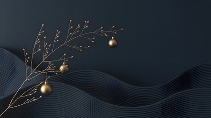 Elegant golden branch with festive ornaments against a dark blue textured background for holiday celebrations