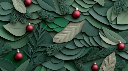 A festive arrangement of red Christmas ornaments and pine needles layered over a background of overlapping green leaves, creating a textured, natural holiday th