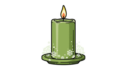 Illustrated green pillar candle with a warm burning flame and delicate snowflakes, isolated on a white background for holiday design