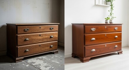 Comparison of old, worn wooden furniture restored into a beautiful polished wood piece. Ideal for woodworking, restoration, craftsmanship, home improvement, and before-and-after visual concepts.