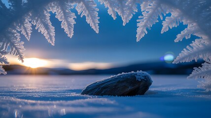 Frozen wonderland with delicate hoarfrost framing a serene winter sunset over a snowcovered field