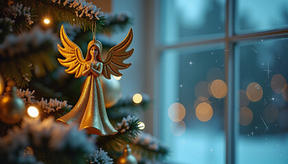 Golden angel ornament hanging on Christmas tree by window  