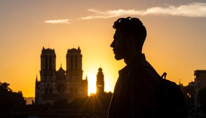 Silhouette of person with backpack against blurred cityscape at sunset with golden light and shadows