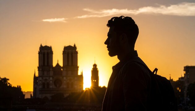 Silhouette of person with backpack against blurred cityscape at sunset with golden light and shadows - Powered by Adobe