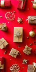 Fototapeta premium Christmas holiday gifts and decorations on red background