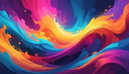 Abstract colorful waves cascade in swirls of pink, orange, yellow, blue, and purple, creating a vibrant splash effect