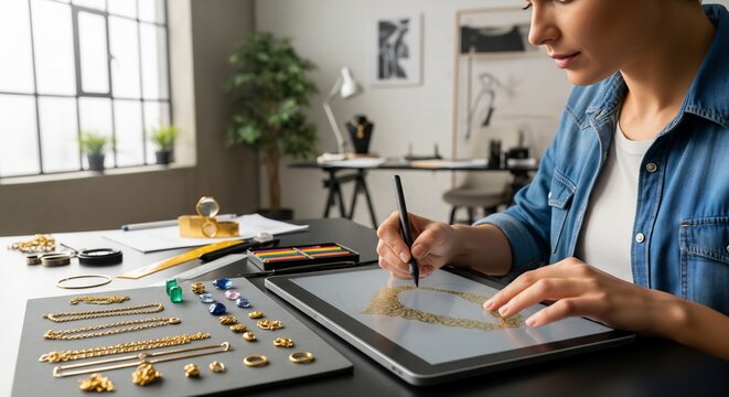 Jewelry designer drawing a luxury gold necklace concept on a digital tablet in a modern studio.
