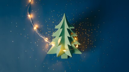 Paper christmas tree with sparkling fairy lights and glitter on a dark blue background, festive holiday season