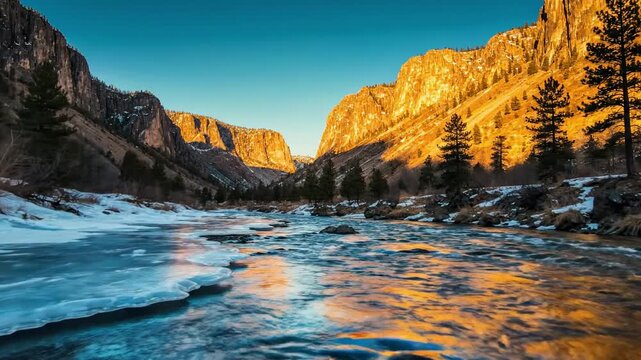 Fast moving river water flowing through rocky mountain valley with snowy peaks and blue sky