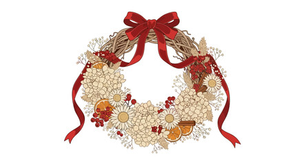 Festive dried flower and berry wreath with a red bow, perfect for holiday decoration