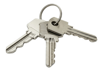 Three modern silver metallic house keys with different textures on a chrome ring, isolated on a transparent background concept of home ownership and security